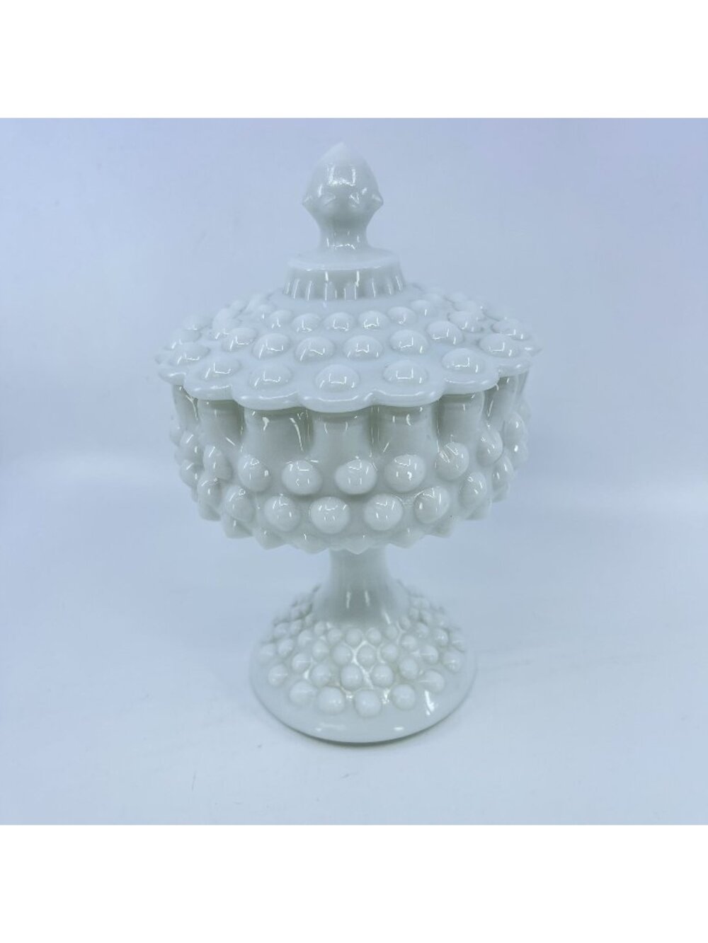 vintage white milk glass hobnail pedestal candy dish with lid scallop detail